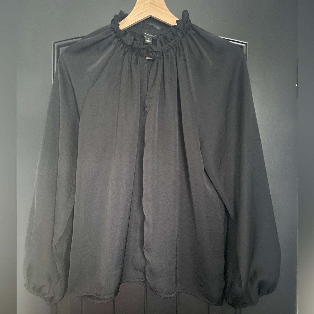 Ann Taylor ruffle neck blouse - BLACK - SMALL